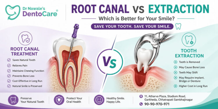 Root Canal vs Tooth Extraction comparison by Dr Nawale's DentoCare, Chhatrapati Sambhajinagar, explaining why saving a natural tooth with root canal treatment is often the preferred option.