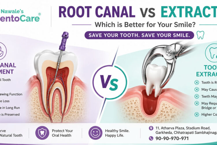 Root Canal vs Tooth Extraction comparison by Dr Nawale's DentoCare, Chhatrapati Sambhajinagar, explaining why saving a natural tooth with root canal treatment is often the preferred option.